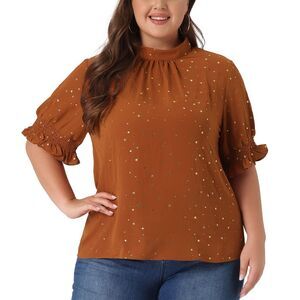 Plus Size Blouse Pleated Mock Neck Star Print Puff Sleeve Tops Caramel